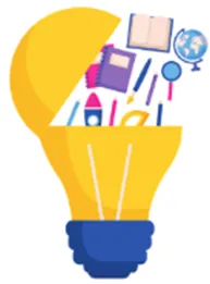 cartoon light bulb with school supplies