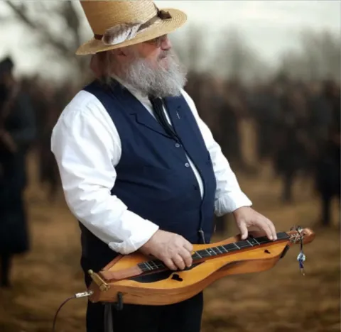 man in a hat holding a mountain dulcimer