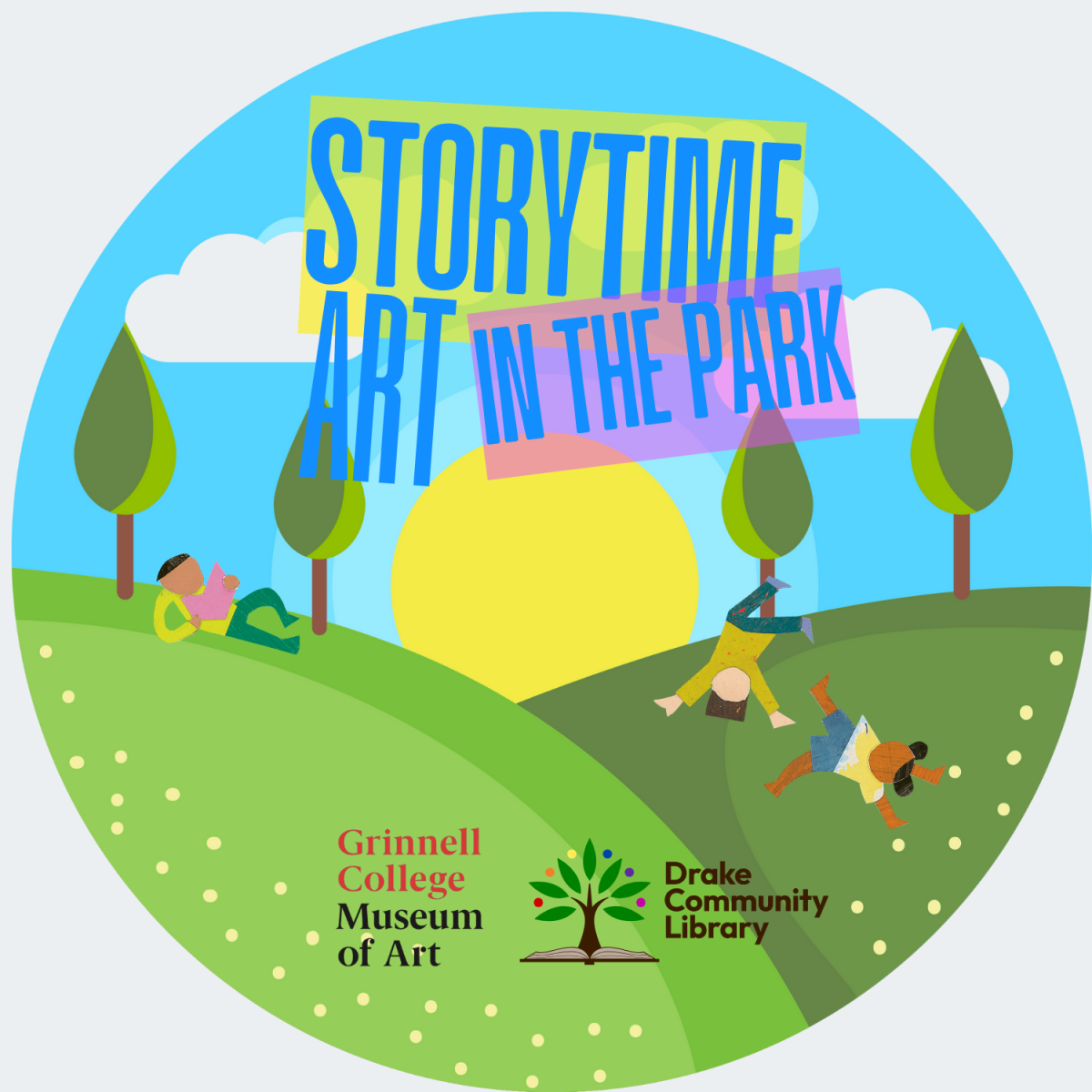 park with children reading and doing cartwheels