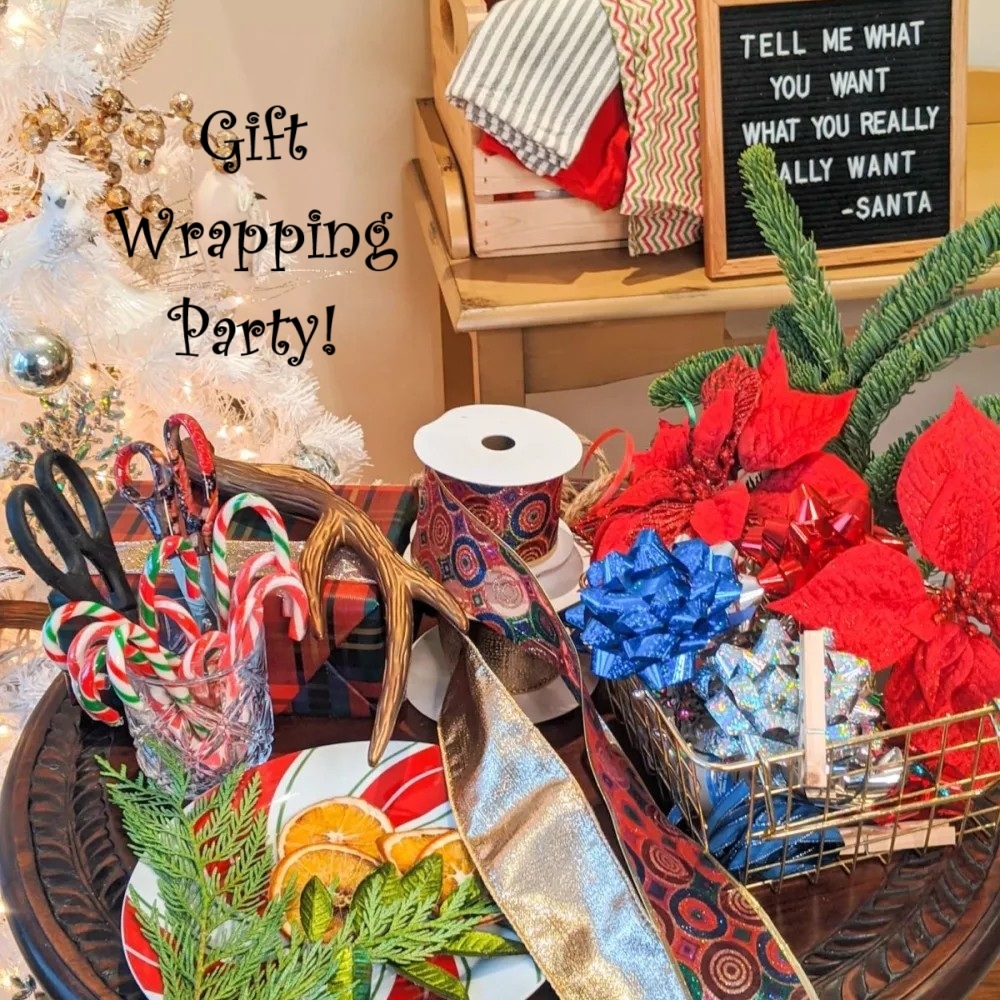 Holiday gift wrapping supplies and festive decor